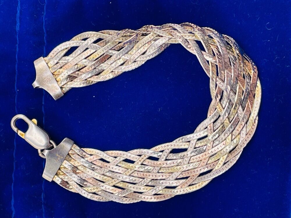 Milor Italy Tri-Color Sterling Silver Bracelet 7.25"L .69"W Woven Braided Subtle